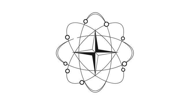 Intricate line art showing a compass star at the center of multiple elliptical orbits as a unique celestial or scientific logo.