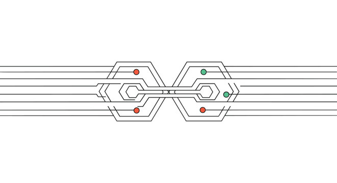 Complex technical diagram showing multiple parallel lines connecting two hexagonal structures with small colored dots.
