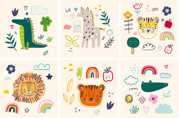 Baby Prints. Baby hand drawn design for textile, posters, cards. Vector illustration with cute animals