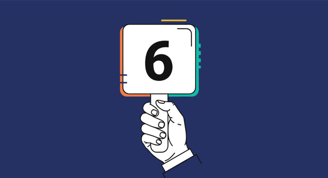 Hand holding a white paddle with a large black number six against a dark blue background for scoring or ranking.