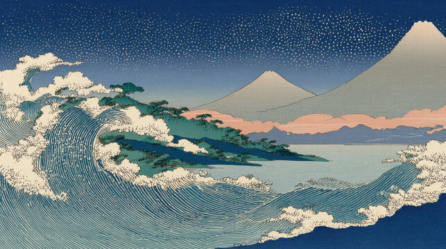 Great wave with Mount Fuji and pine trees in traditional Japanese ukiyo e style artwork