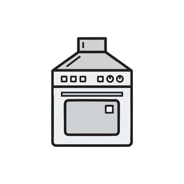 Stylized depiction of a range oven with stovetop and oven door