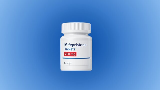 A prescription bottle labeled Mifepristone Tablets 200 mg, representing regulated pharmaceutical medication used in clinical healthcare settings.