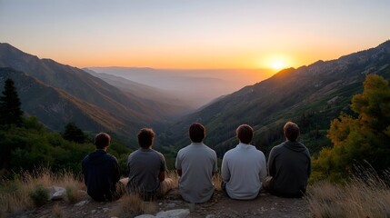 Fototapeta premium Five young men sit on a mountain ridge watching the sunset over a vast valley