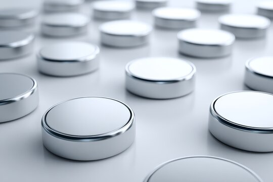 Numerous silver button cell batteries arranged in a precise circular pattern on a clean white surface