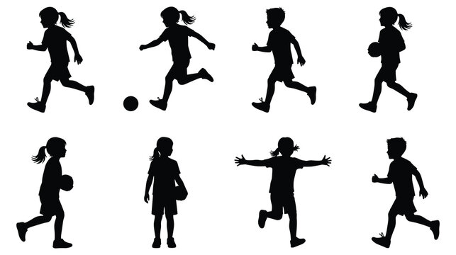Silhouettes of children playing sports, running with balls, kicking soccer ball
