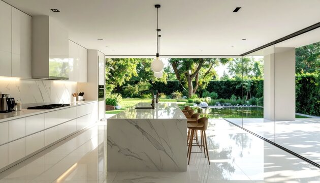 Modern Kitchen with Marble Island and Garden View.