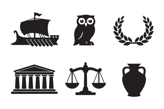 Ancient Greek culture icon set with spartan helmet and parthenon.