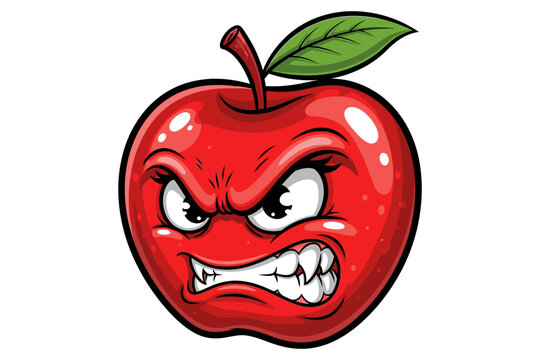 Angry cartoon apple with aggressive facial expression.