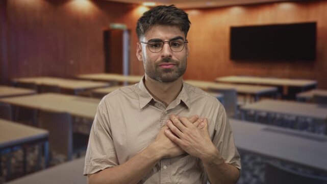 Man clutching chest at wooden desk amid rows of desks in bright classroom indoors; anxiety worry concern tension.