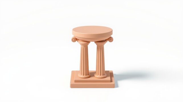 Minimalist sculpture. Peach colored pedestal with two columns supporting round surface. Simple design, clean lines, studio lighting.