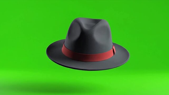 Classic fedora hat with red band floats on a vibrant green background.