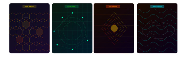 Fototapeta premium Abstract Neon Geometric Pattern Set with Glowing Lines, Hexagon Grid, Waves and Dots on Dark Background, Futuristic Technology Design Collection