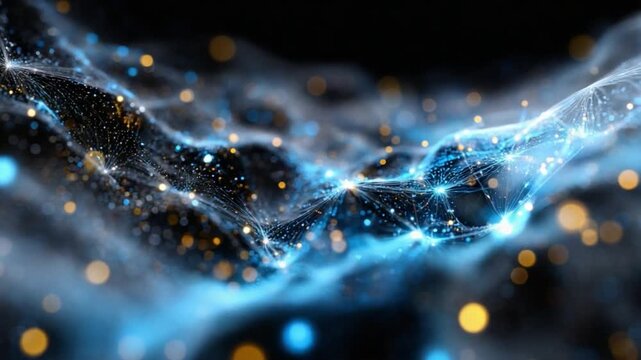 Celestial Abstract: A mesmerizing display of interconnected particles and flowing energy, rendered in captivating shades of blue and gold, evoking a sense of cosmic beauty and technological wonder.