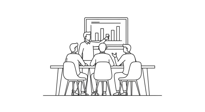 simple line drawing of business team meeting around table with presentation
