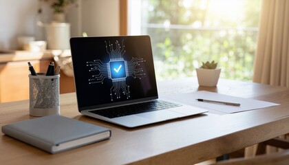 Fototapeta premium 小規模ビジネスのサイバーセキュリティ確認イメージ（ノートPCとデスク）