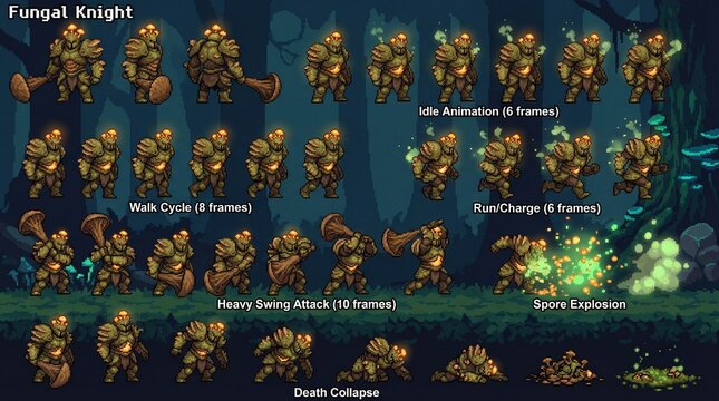 Detailed pixel art sprite sheet featuring a formidable fungal knight character, showcasing various combat and movement animations ideal for fantasy video game development