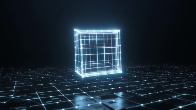 A glowing blue wireframe cube is set against a dark background with a digital grid pattern, representing technology and data structures