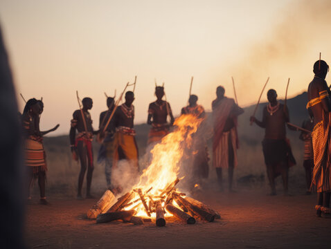 Tribal community gather around a bonfire at sunset ritual