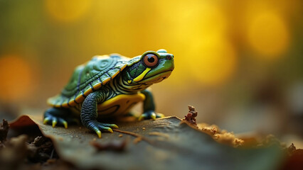 Obraz premium Cute Little Green Turtle on Forest Floor Leaf with Golden Bokeh Sunlight Background