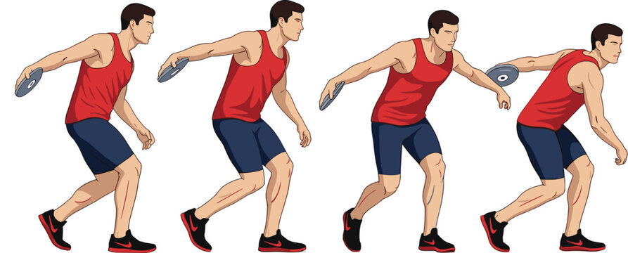 Athlete Discus Throw Vector Sequence Featuring Male Sportsman Performing Throwing Motion Steps for Track and Field Training Animation and Fitness Illustration Design