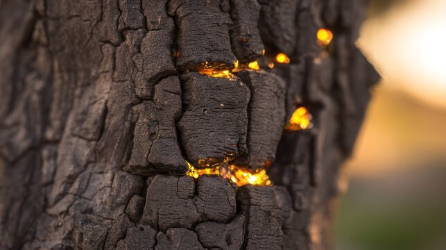 Golden amber copal resin trapped in tree bark containing a preserved insect. gardening catalogs, home-decor guides, designed for home decor and floral branding, used by nutritionists.