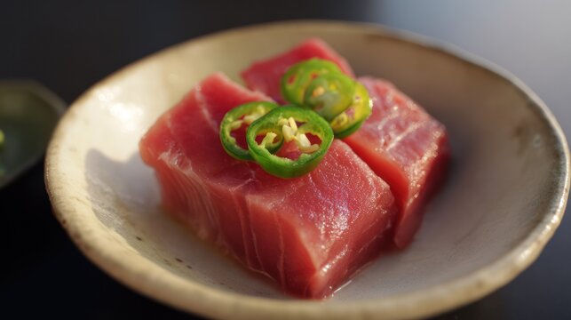 A ceramic plate with fresh sashimi slices, garnished with green chili rings, minimalist presentation. menu design.