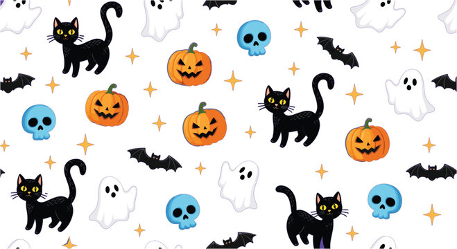 Halloween seamless pattern with black cats pumpkins ghosts skulls and bats cute spooky vector illustration