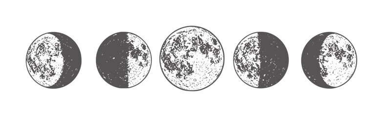 Five black and white of varying moon phases crescent gibbous full © Salam