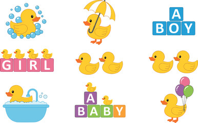 Obraz premium Cute baby duck vector set with bath time, umbrella, balloons and baby shower words cartoon nursery illustration collection