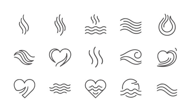 Monochrome line set depicting steam waves water and hearts