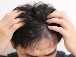 Fototapeta premium 自分の頭頂部を鏡で確認しながら薄毛や抜け毛の悩みで頭を抱える若い日本人男性