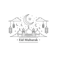 Fototapeta premium Minimalist mosque silhouette with moon for Eid Mubarak