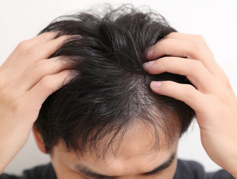 自分の頭頂部を鏡で確認しながら薄毛や抜け毛の悩みで頭を抱える若い日本人男性