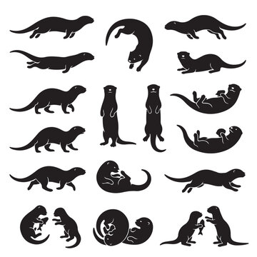black and white vector silhouette set of Otter