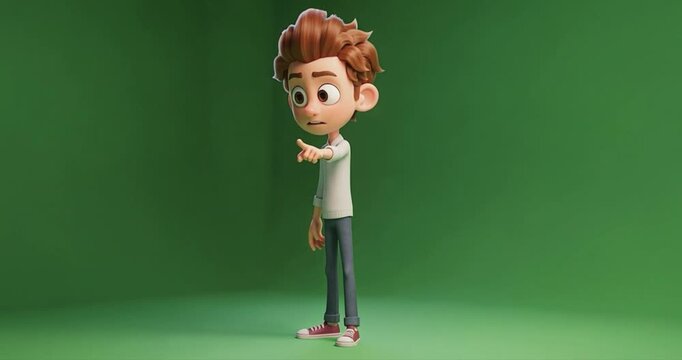 Animated male character pointing against green background