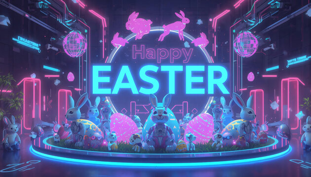 Futuristic Easter environment with charming rabbits and bright eggs