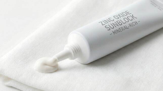 White mineral sunblock tube with zinc oxide cream dispensed onto textured surface