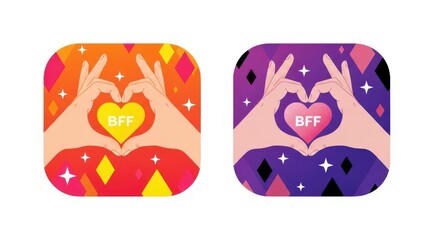 Fototapeta premium Bff heart hands icons in orange and purple colors