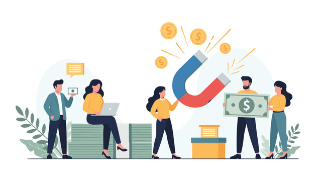 Business professionals using a large magnet to attract gold coins and banknotes, representing effective marketing and financial acquisition.