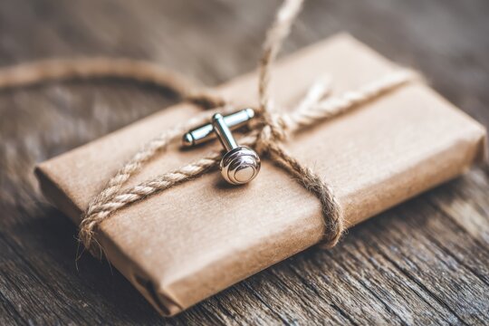 Elegant metallic cufflinks resting on a rustic kraft-wrapped gift tied with twine, suggesting a sophisticated present.