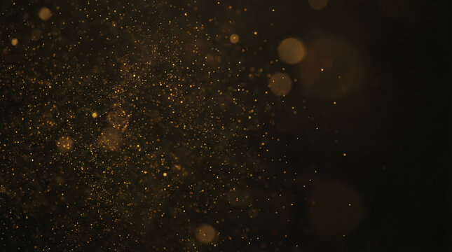 Gold particles sparkle on black background. Gold dust fills dark abstract scene with luxurious shimmer, festive mood, elegant texture, rich bokeh blur, premium backdrop for branding, event banner