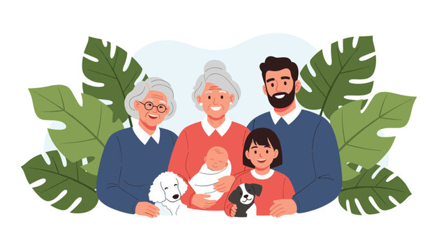Group portrait of a large happy multi generational family including grandparents, parents, children, and their cute pet dogs.