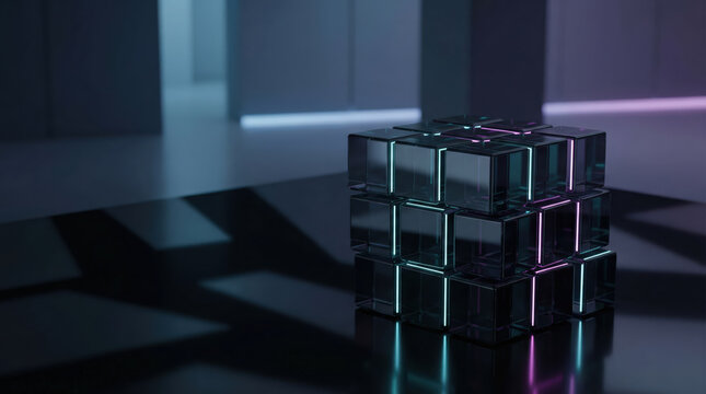 Glass cubes glow in dark interior. Transparent glass cube stack reflects cyan magenta light on glossy floor, creating futuristic tech scene for data, network, computing, luxury branding