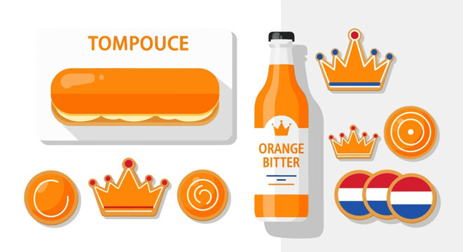 An inviting flat design illustration showcasing a delicious spread of King's Day themed food and drinks, including traditional orange pastries and beverages.