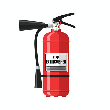 Red fire extinguisher with a pressure gauge and black nozzle, isolated on white