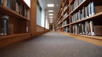Obraz premium Low angle perspective down a quiet library aisle lined with wooden bookshelves filled with books