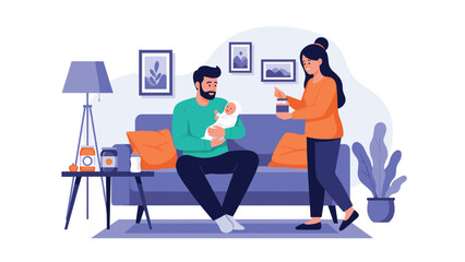 Fototapeta premium Loving new parents caring for their adorable infant baby in a cozy living room while preparing baby food and formula together on a table.