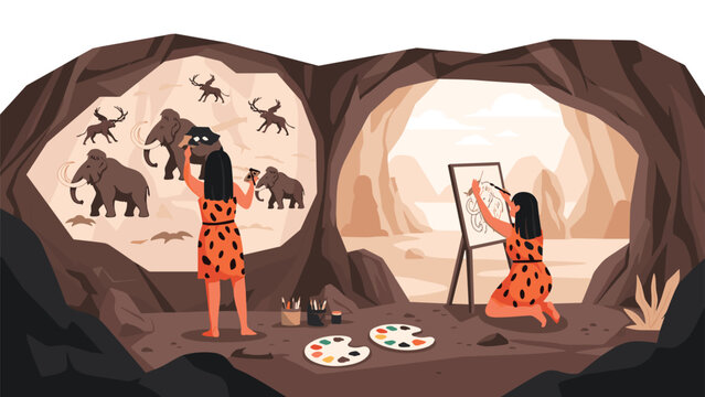 Detailed historical scene depicting two cavewomen in animal skins painting mammoth and deer figures on rocky cave walls inside a dark cave.