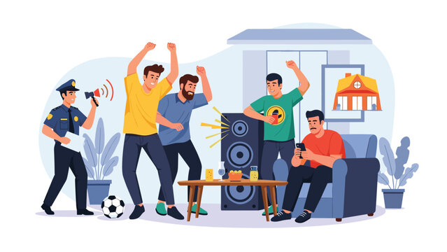 Police officer with a megaphone arriving to address a noise complaint at a rowdy house party with loud music and cheering sports fans.
